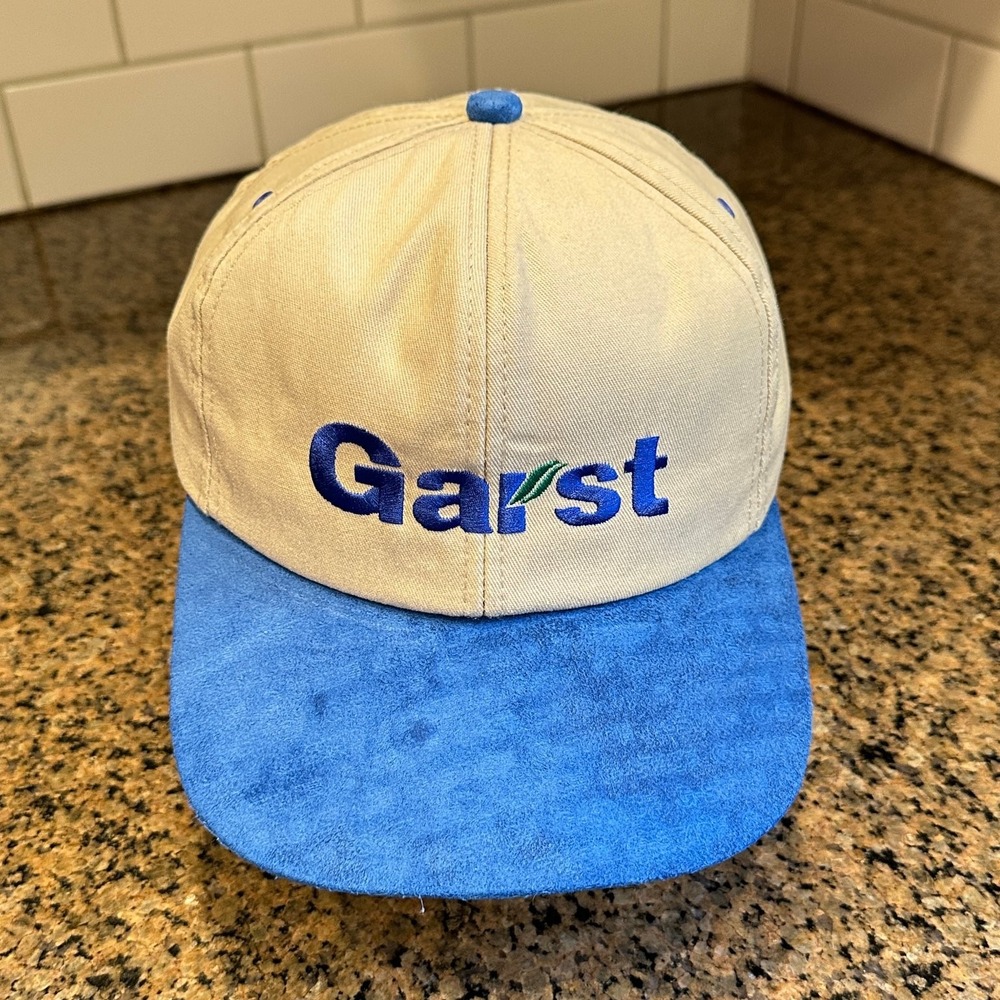 Vintage Garst K-Products Seed Farm Snapback Hat Blue Suede Bill Agriculture Cap